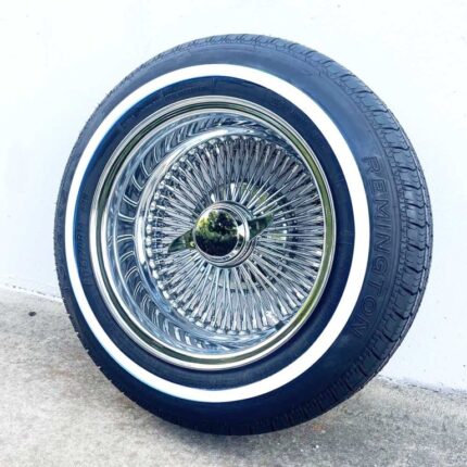 14×7″ Reverse Chrome 100 Spoke Wire Wheels + Whitewall Tires (Set of 4)