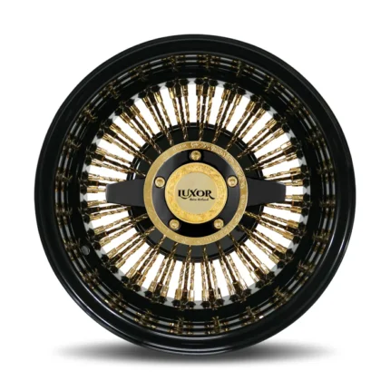 4PC 13x7" 72 Cali Spoke Straight Reverse Wire Wheels – Black & Gold Powder Coat