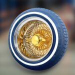 14×7” Gold Center Wire Wheels – Reverse 100 Spoke with Chrome Lip + Whitewall Tires (175/70R14) | Set of 4