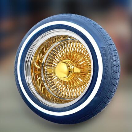 14×7” Gold Center Wire Wheels – Reverse 100 Spoke with Chrome Lip + Whitewall Tires (175/70R14) | Set of 4